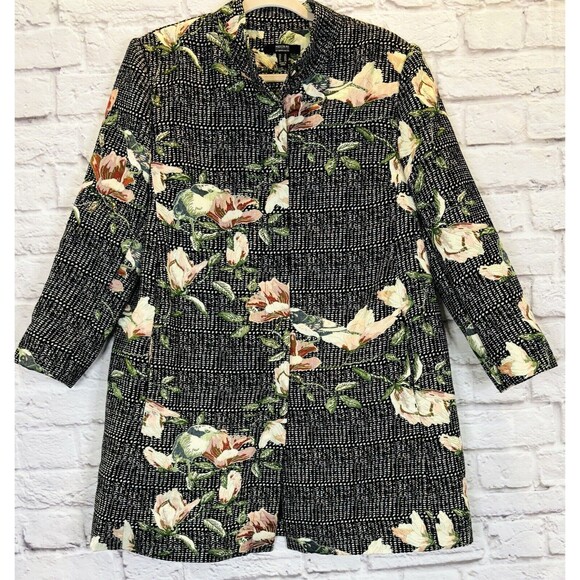 Dennis Basso Womens Size 16 Jacket Coat Woven Brocade Floral Black Snap Front - Picture 5 of 13